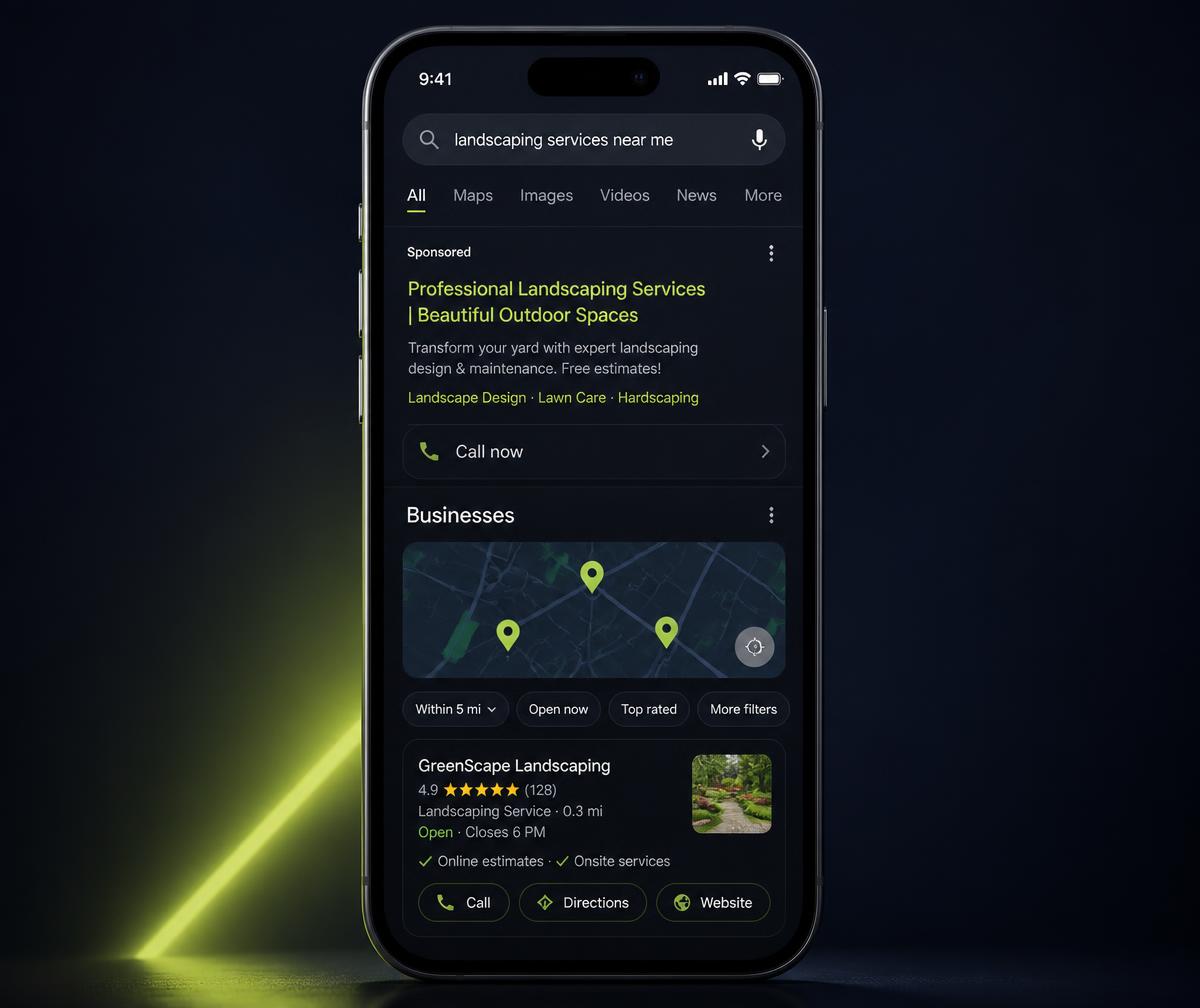 Mobile search results showing a sponsored advert and local map listing with call and directions buttons